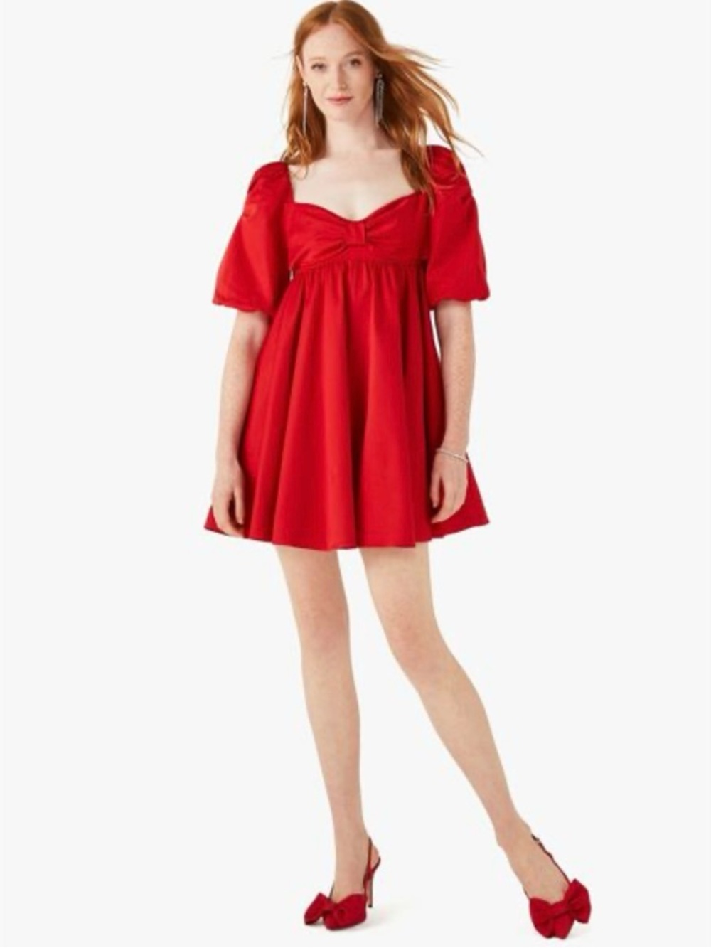 kate spade Beau Red Puff-Sleeve Bow Satin Babydoll Dress..Size 12